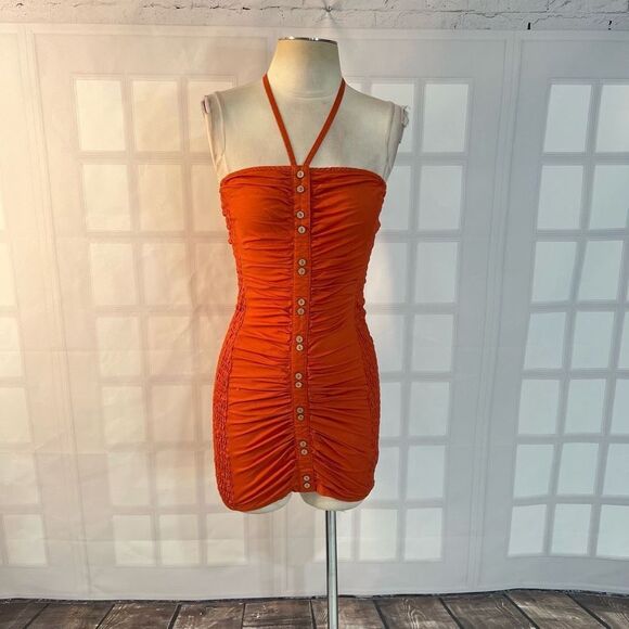 FREE PEOPLE WOMEN'S HOLD ON burnt orange smocked MINI DRESS size xs - Picture 3 of 12